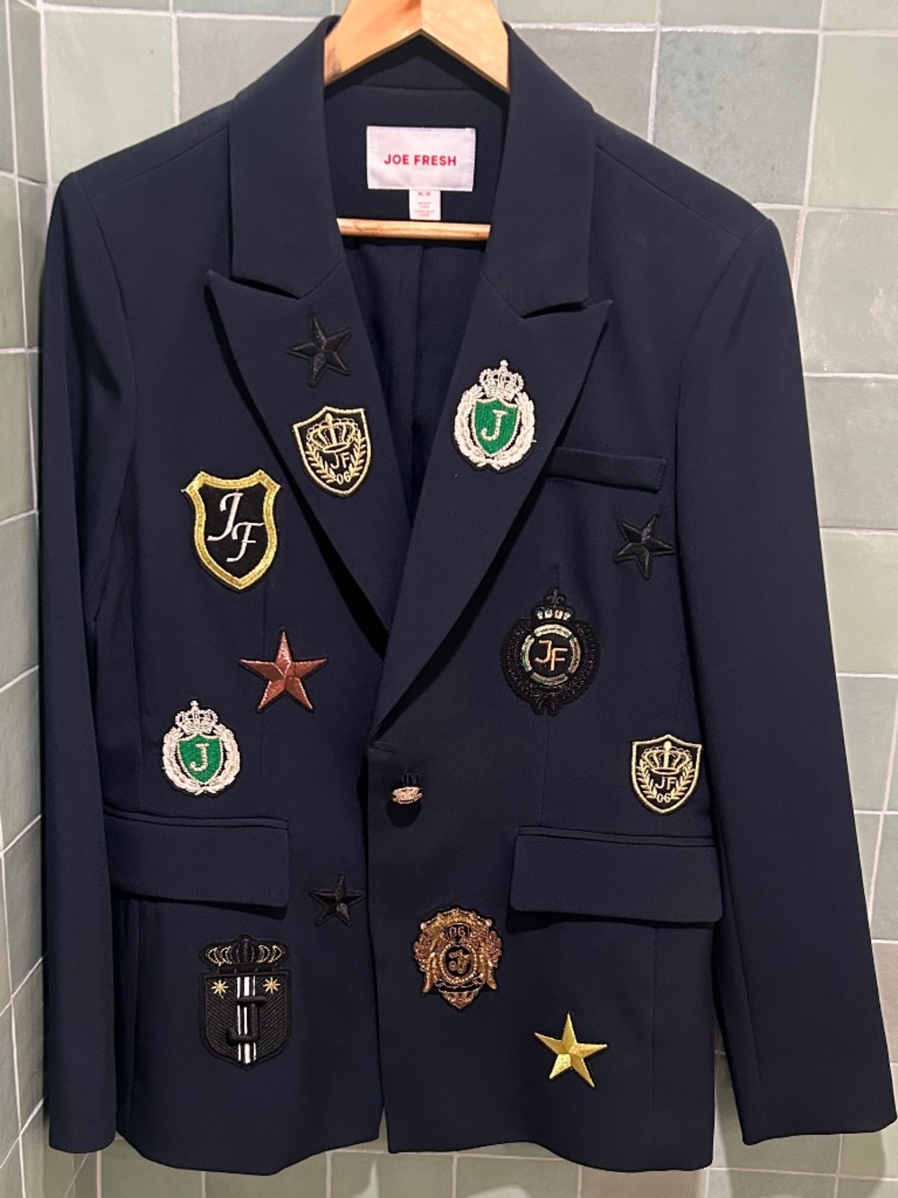 Joe Fresh / Navy Embellished Crest Blazer | Preppy Statement Jacket | Size M